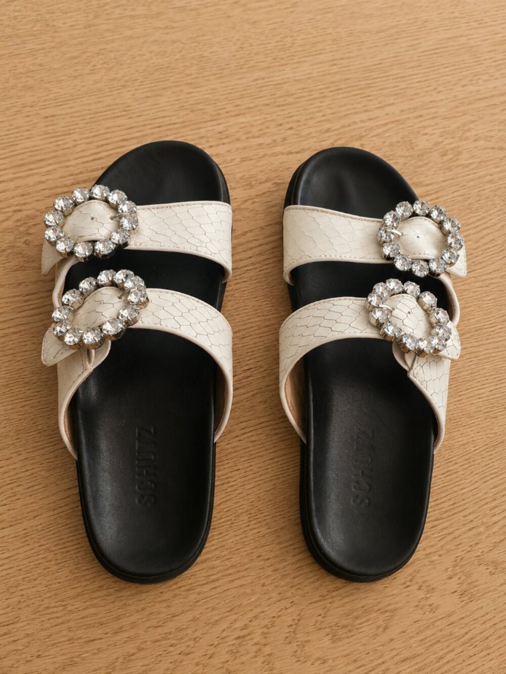 Schutz White Crystal Buckle Slide Sandals Size 8B Made in Brazil